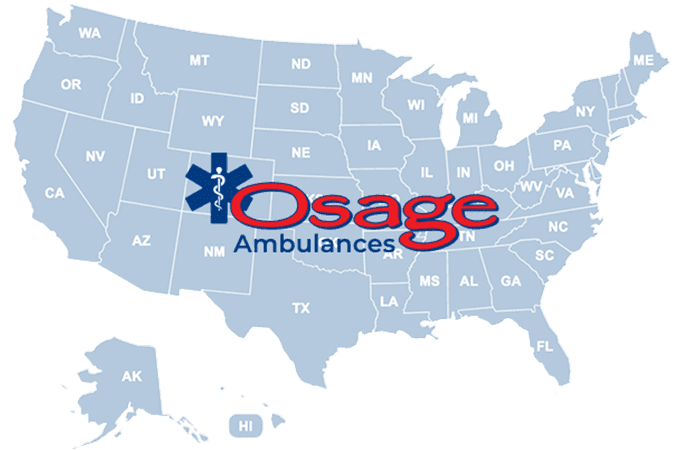 map of the united states with the osage ambulance logo overlayed on it